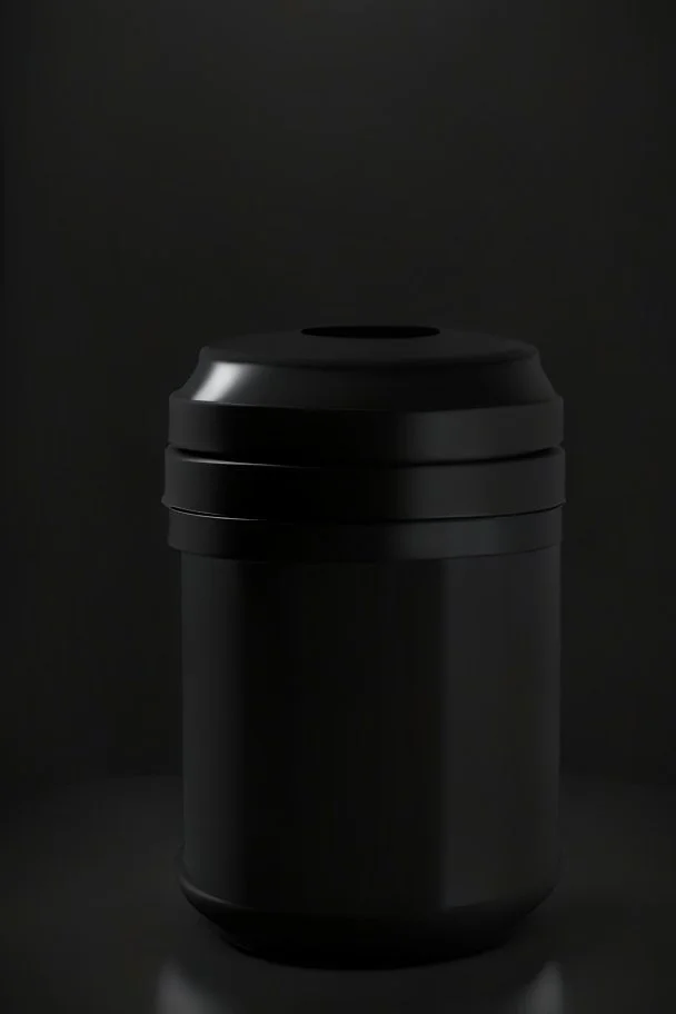 black container, plastic, realism, with screw lid, no labels, round container, view from the front, protein powder, dark studio setting, black background, large container