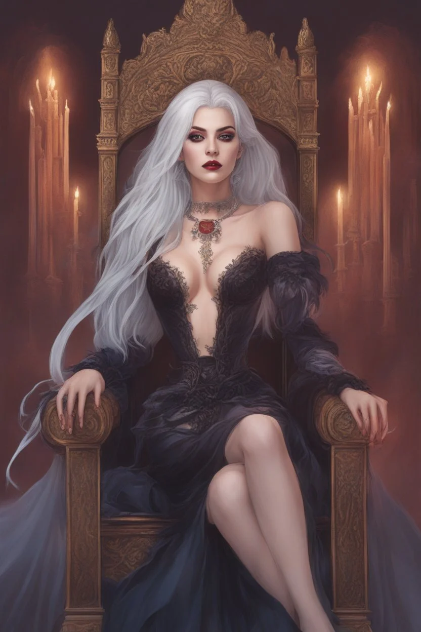 Beautiful white haired Vampire queen on her throne, drawing