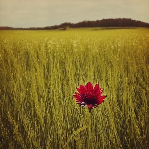 single long stem wildflower in a field, polaroid, tender, modern, award winning landscape photography, nature photography, r/mostbeautiful