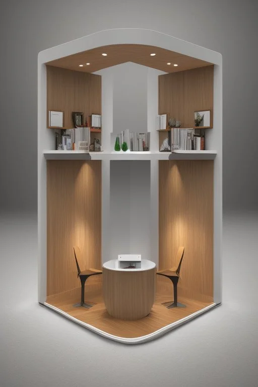 Corner exhibition stand in light colors with wood elements with two meeting areas