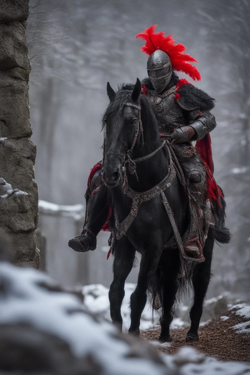 portrait of black knight using no armor, on semi transparent horse with red feather on stone bridge in mountain pass in snowy forest,shot on Hasselblad h6d-400c, zeiss prime lens, bokeh like f/0.8, tilt-shift lens 8k, high detail, smooth render, down-light, unreal engine, prize winning