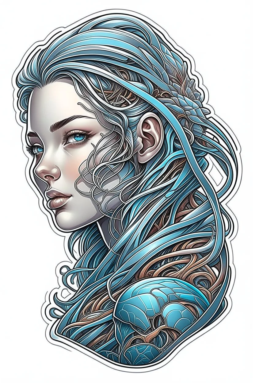 a sticker with a drawing of a woman's face, cyberpunk art, inspired by Marco Mazzoni, Artstation, fantasy art, fractal veins. cyborg, in the style dan mumford artwork, girl with plaits, beautiful detailed body and face