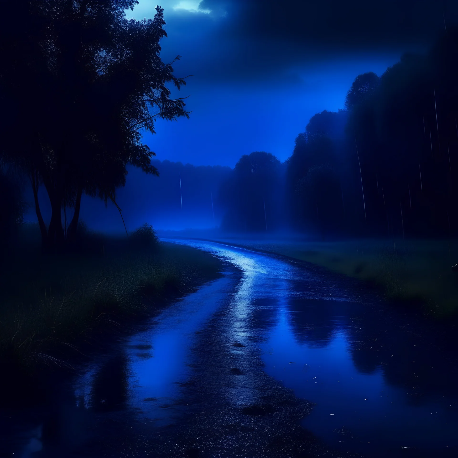 sad nature scene, midnight, dark blue colours, rainy, atmospheric, photo quality