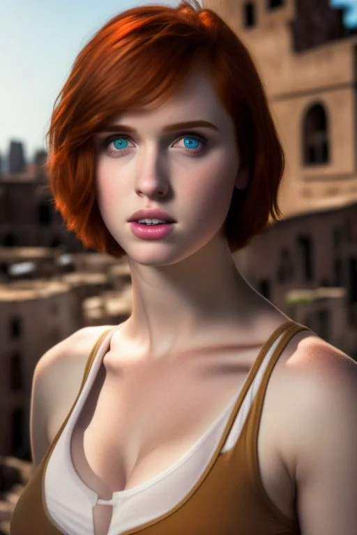 32k uhd, a close up portrait photo of 18yo, mix christina hendricks molly quinn alexandra daddario, short haircut, tanned skin, hyper muscular body, background is city ruins, (high detailed skin:1.2), 8k uhd, dslr, soft lighting, high quality, film grain, Fujifilm XT3