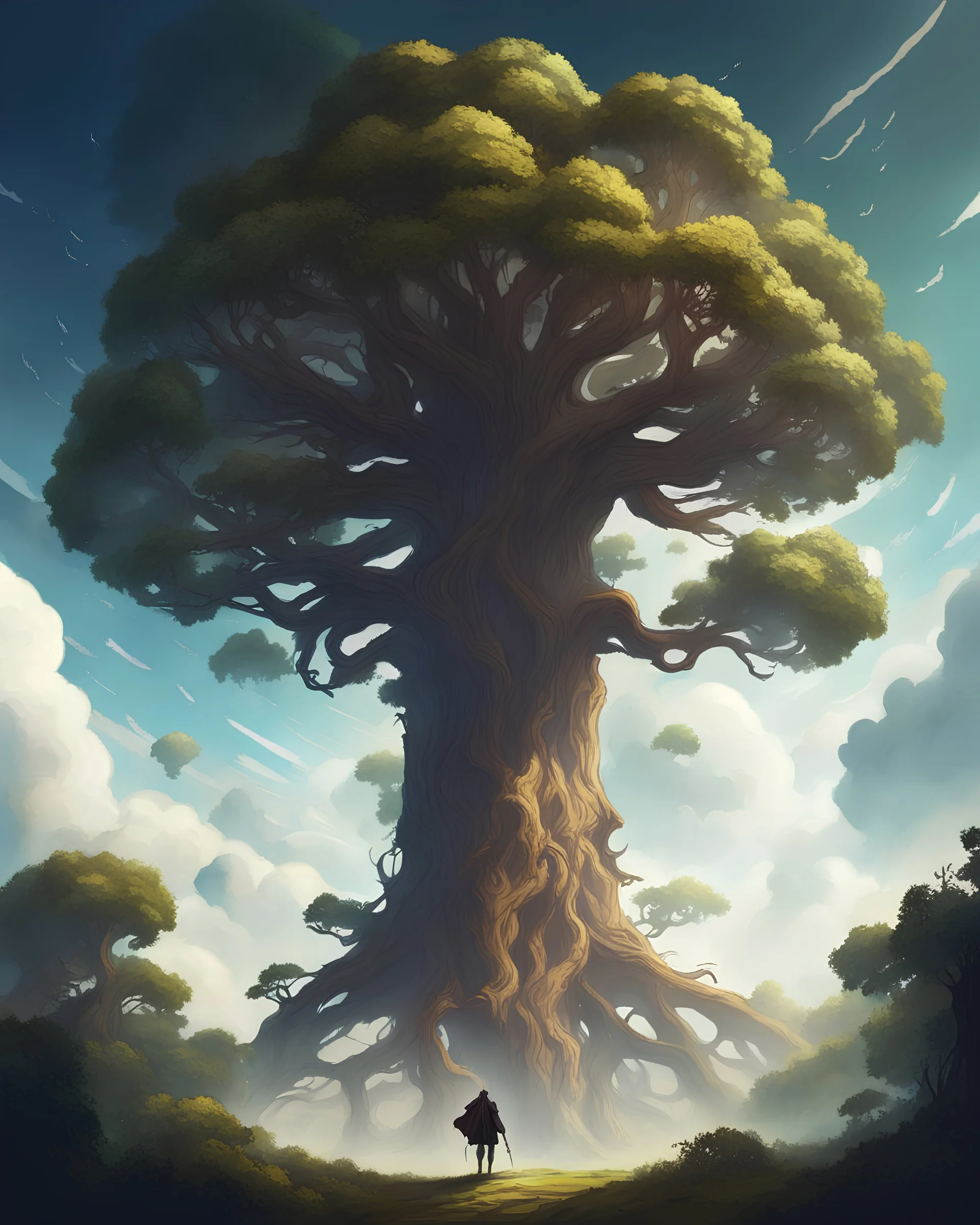 gigantic, insanely high tree growing higher than stratosphere, gigantic world tree fantasy concept art, oak