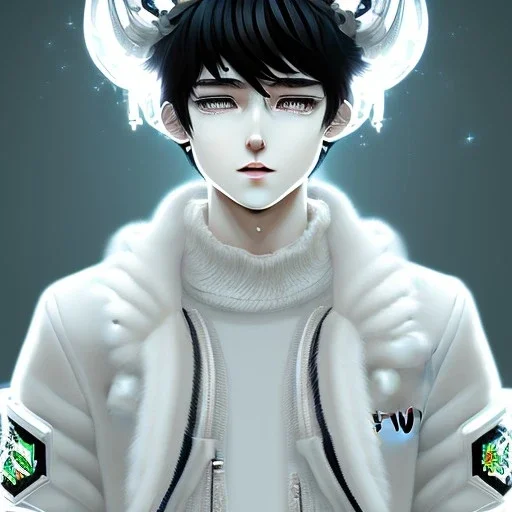 masterpiece - face - anime boy - black hair - portrait- white eyes - white horns on head - sharp eyes- handsome