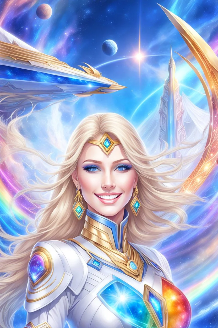 cosmic woman angels smile,admiral high commander from the future, one fine whole face, crystalline skin, expressive blue eyes,rainbow, smiling lips, very nice smile, costume rainbow pleiadian, Beautiful tall woman pleiadian Galactic commander, ship, perfect datailed golden galactic suit, high rank, long blond hair, hand whit five perfect detailed finger, amazing big blue eyes, smilling mouth, high drfinition lips, cosmic happiness, bright colors rainbow, blue, pink, gold, jewels, realist,8k