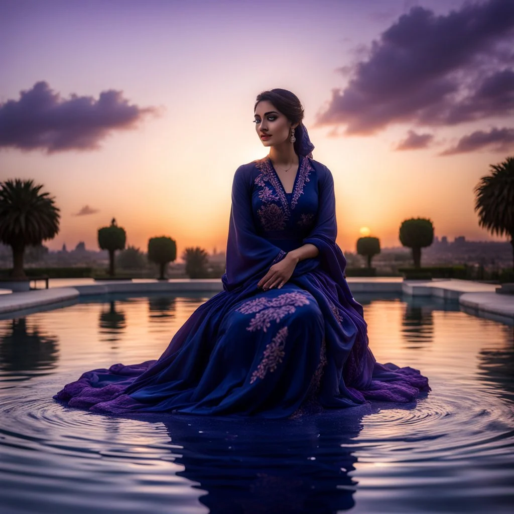 Hyper Realistic Photographic Zoomed Silhouette View Of A Beautiful Young Pashto Woman wearing navy-blue-embroidered-dress-with-purple-shawl happily-sitting on the surface of a fancy-water-fountain & a swan swimming on the surface of water at cloudy sunset showing dramatic & cinematic ambiance.