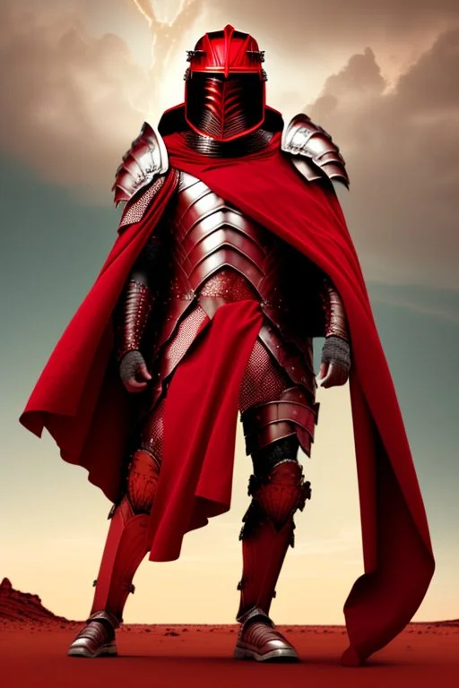 Planet Mars portrayed as a menacing man wearing Roman-like armour, a red cape, and a spartan helmet that covers his face entirely