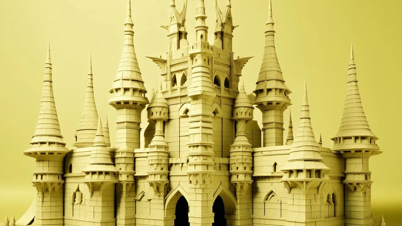 A pale greenish yellow castle with bows and arrows designed in ancient Egyptian architectures and sculptures