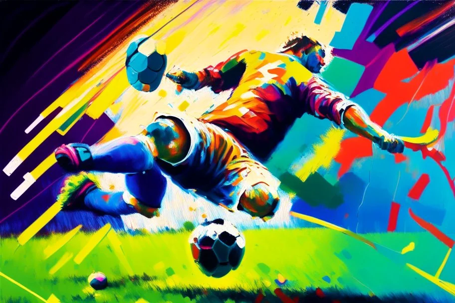 Oil painting, football match, the striker is kicking a goal, the ball is flying, bright but not neon colours, dynamic lines, dynamic blobs, spots, lines in the background of the character, like a colour explosion, A visually striking piece filled with dynamic brushstrokes, reminiscent of the impasto technique used in Vincent Van Gogh's Post-Impressionist paintings. The composition features bold colors and unblended strokes, creating a sense of depth and movement that defies traditional art style