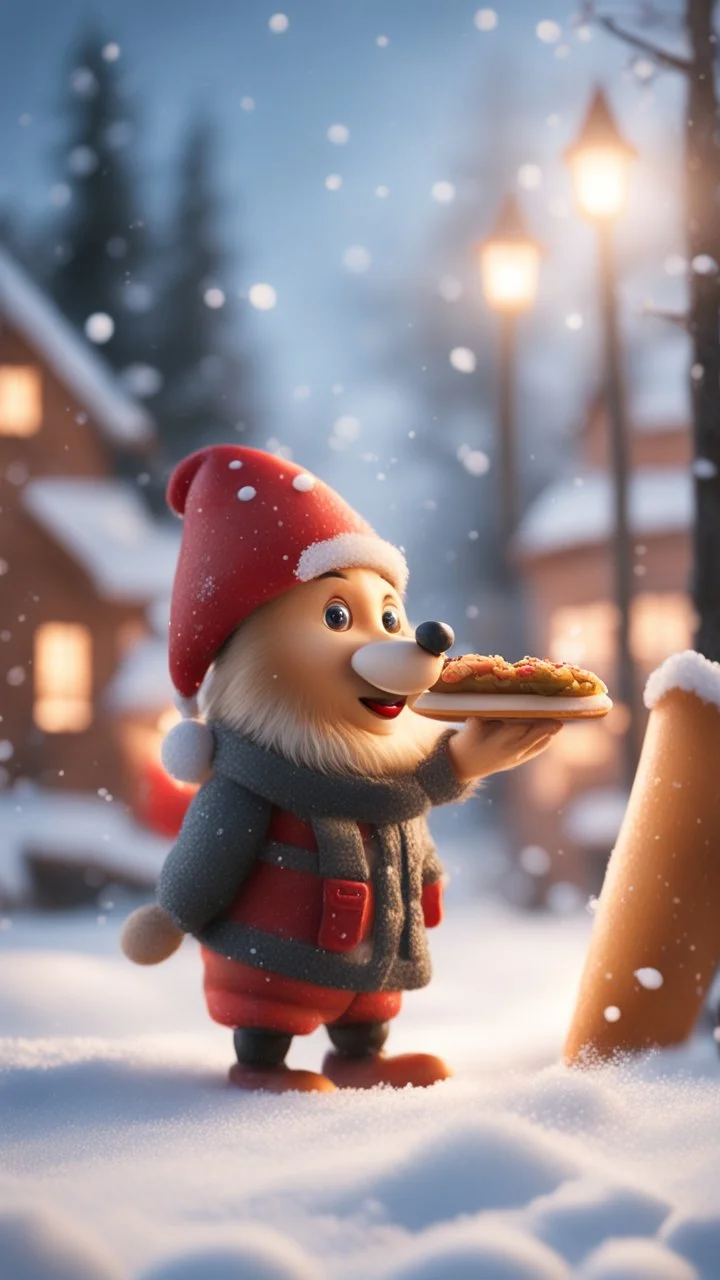 "nisse"using really warm a hot dog to showel the snow, bokeh like f/0.8, tilt-shift lens 8k, high detail, smooth render, down-light, unreal engine, prize winning