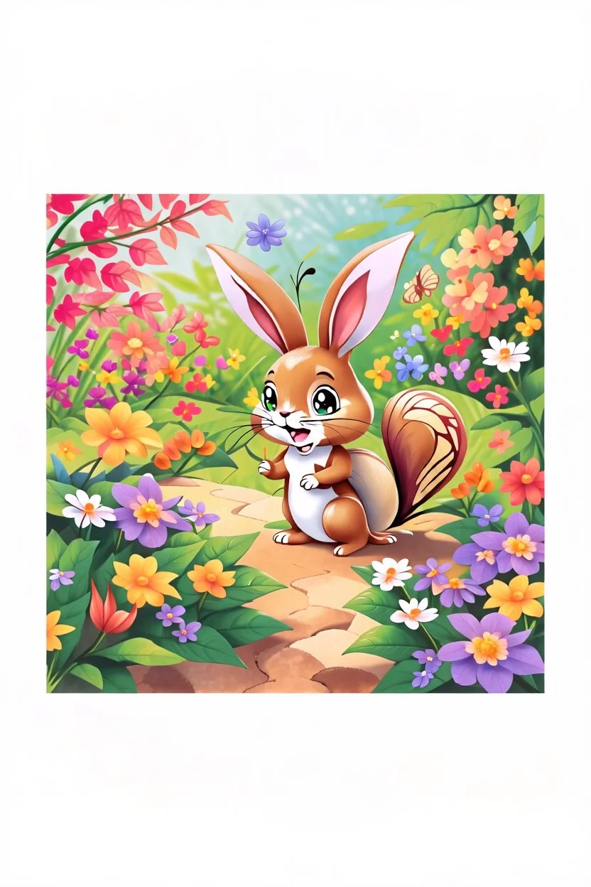 The beautiful butterfly happily sits on a upclose patch of bright green leaves, the bunny and squirrel laughing, colorful garden background , child book illustration style, faces must be the same as reference image