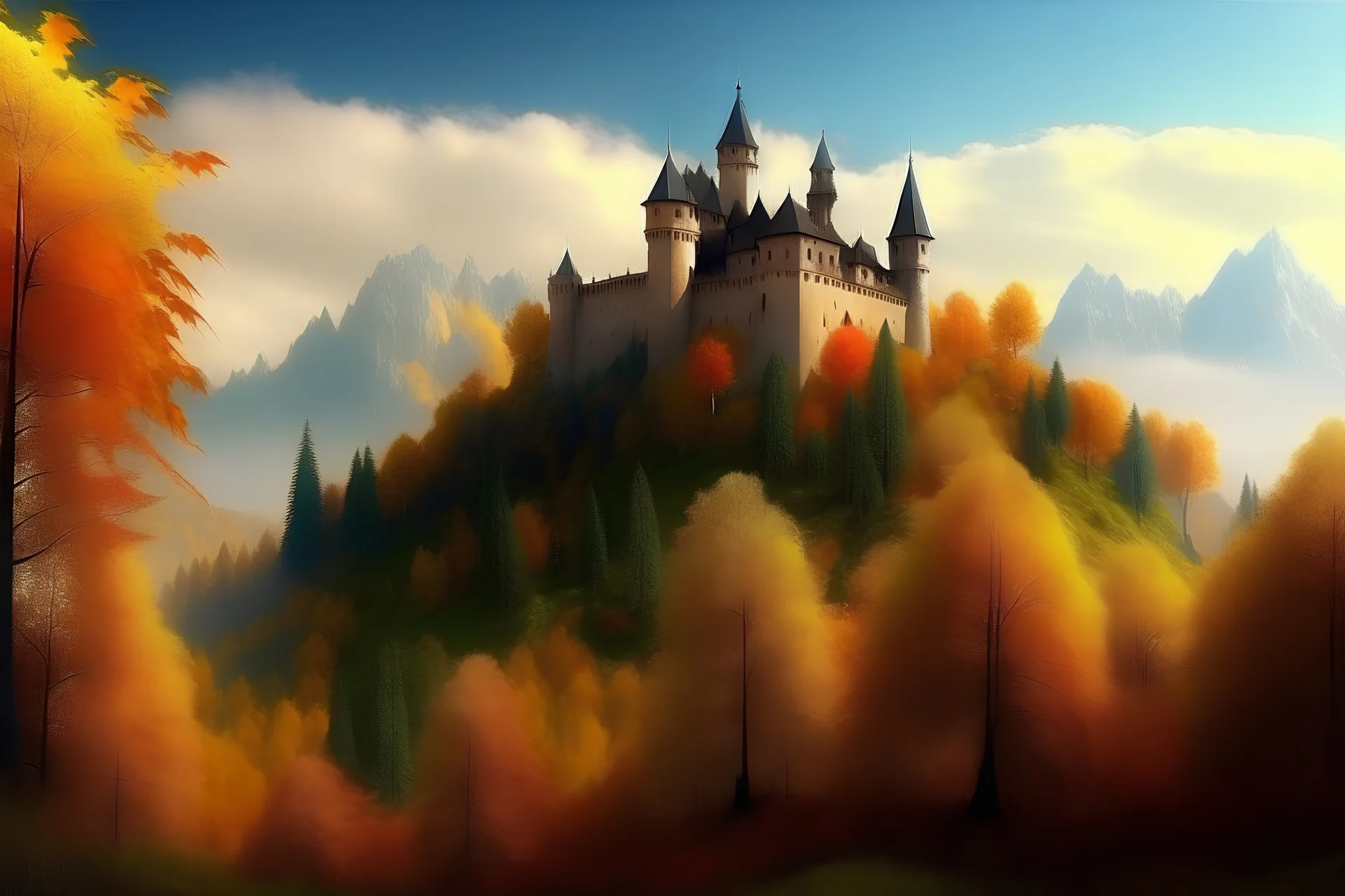 landscape, autumn, trees, castle, mountain,--v4