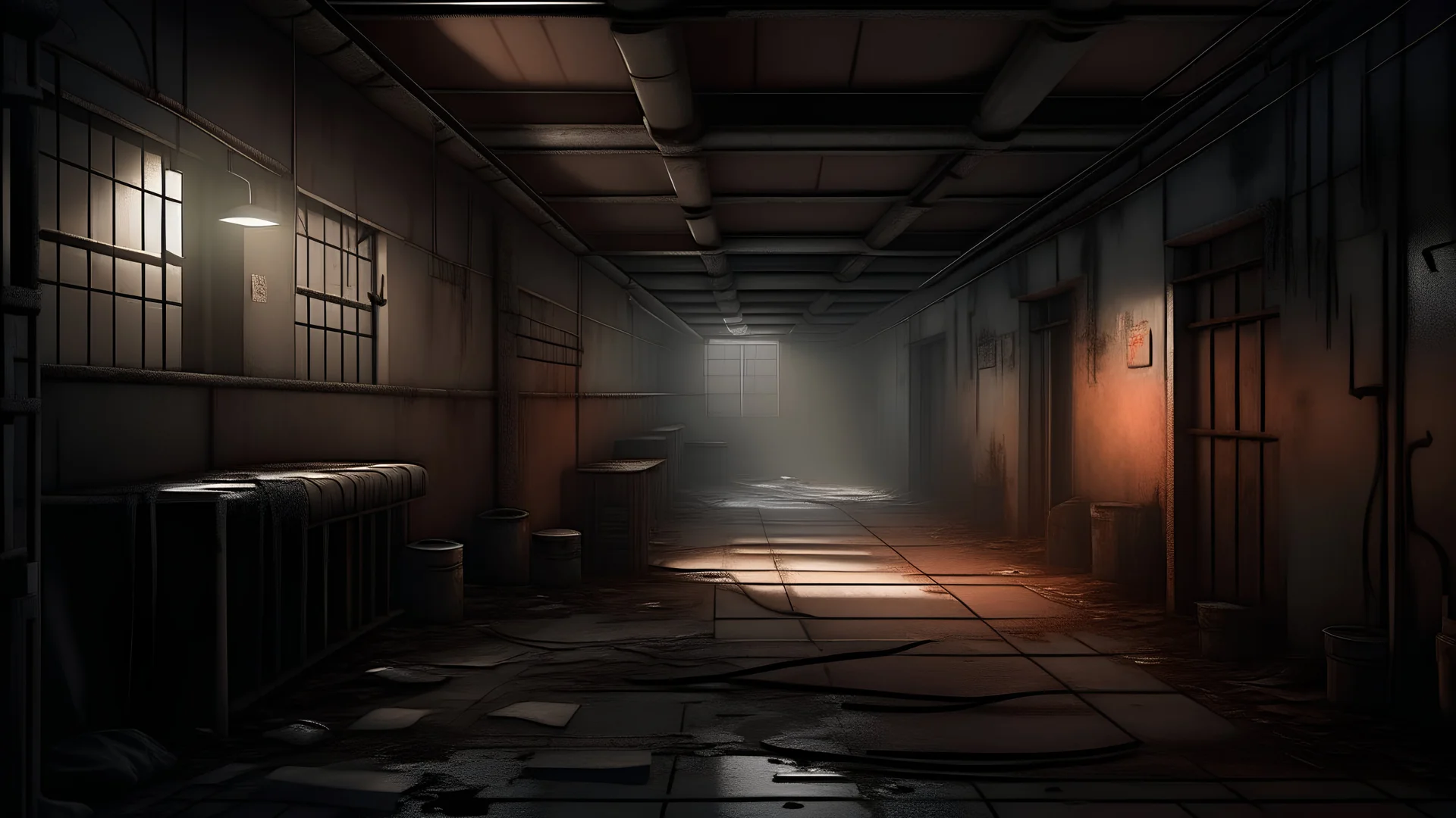 prison camp, poor, dark, rundown, interior, video game background asset