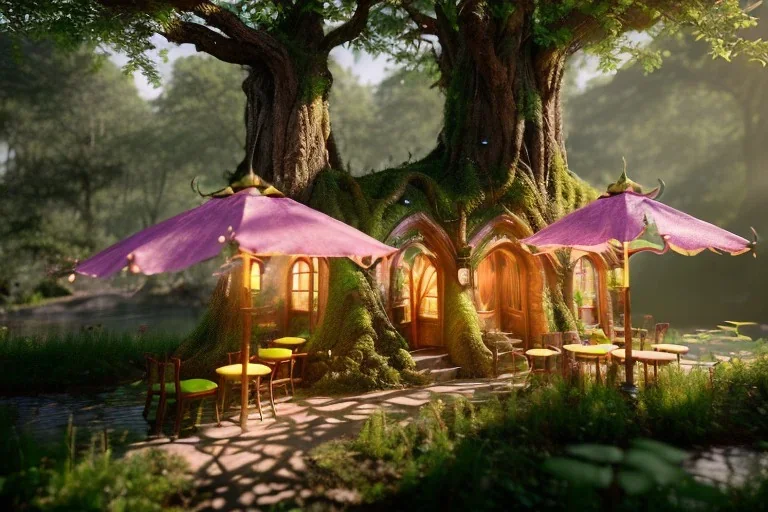 Magical fantasy elven cafe forest lord of the ring rivendell tree flower pink green yellow