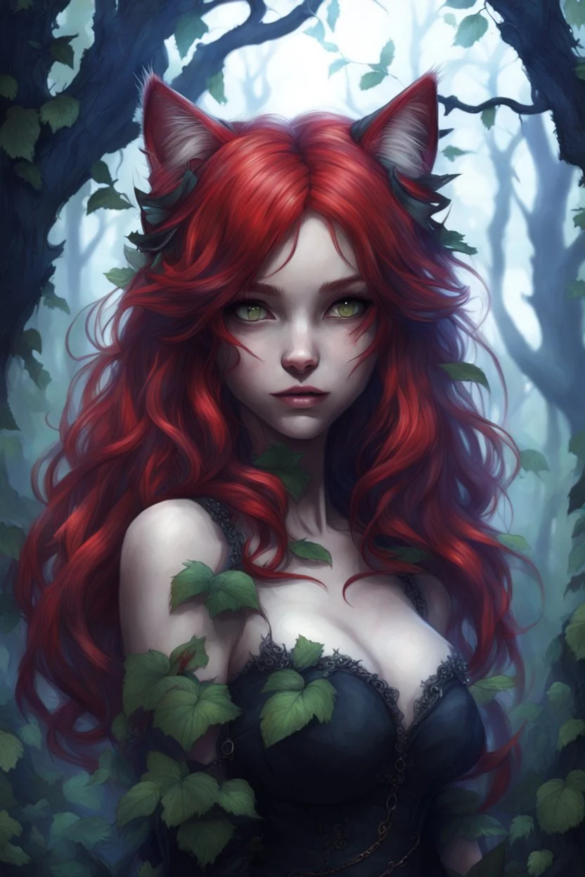 CAT GIRL, FANTASY, FORESTY, VINES, SOULLESS, FLUFFY TAIL, RED HAIR