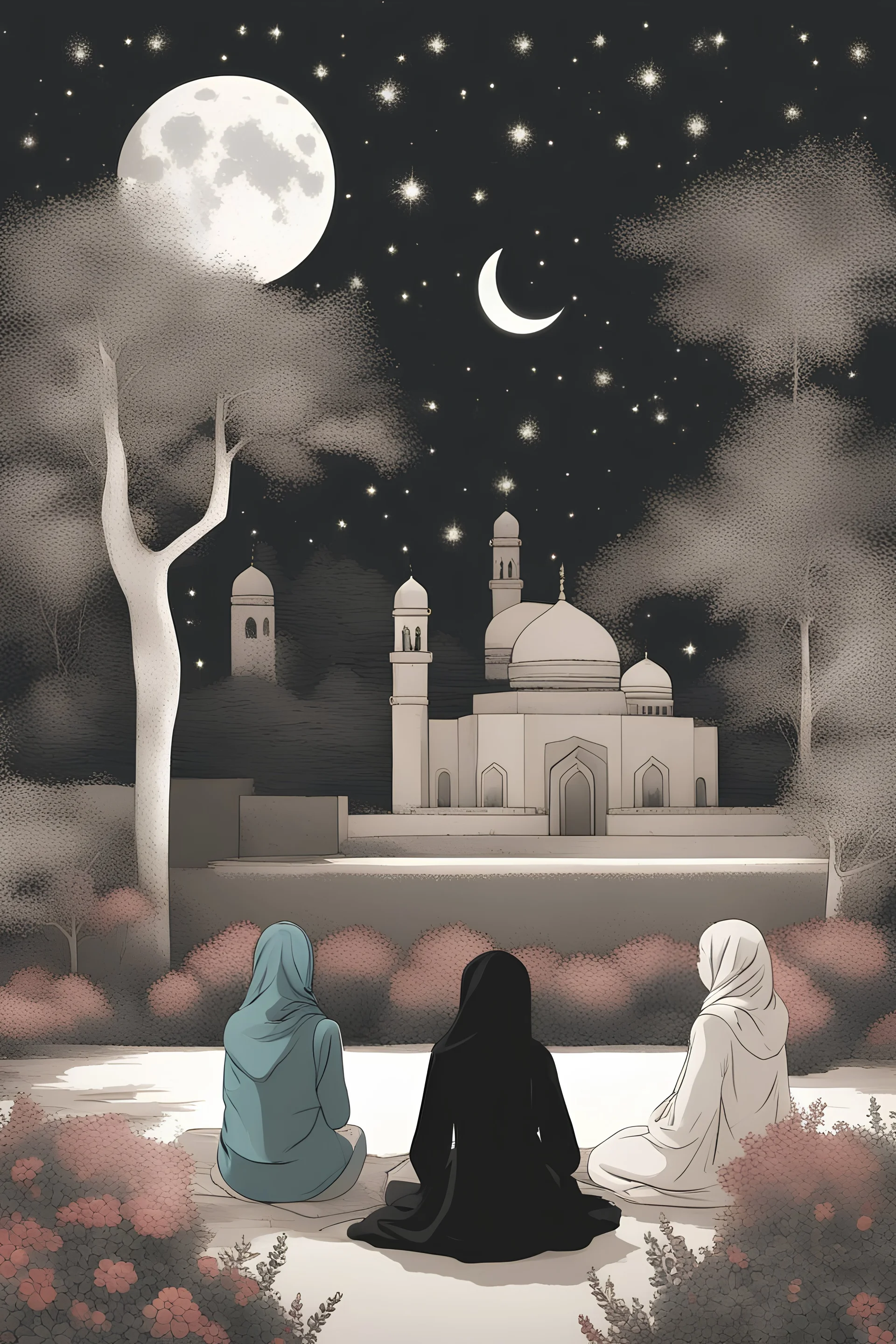 beautiful muslim women sitting in the garden looking at the stars