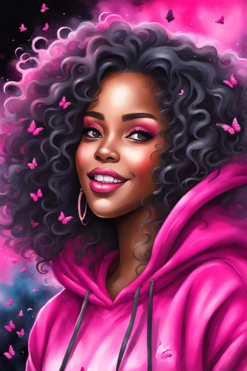 vibrant watercolor painting image, airbrush, 48k, cartoon art image of a black curvy female looking to the side smiling with a large mane of curly ombre hair flowing through the wind while she has a hot pink hoodie on, prominent makeup with hazel eyes, highly detailed hair, background hot pink and BLACK BUTTERFLIES surrounding her, dystopian charcoal