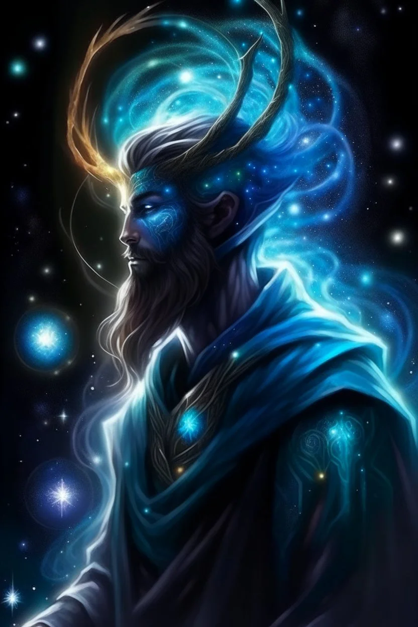 prismatic hair ethereal transparent prism astral projection Male antlers druid of the stars beard constellations radiance prismatic shining starlight enshrouded radiance sad cold winter ice despair