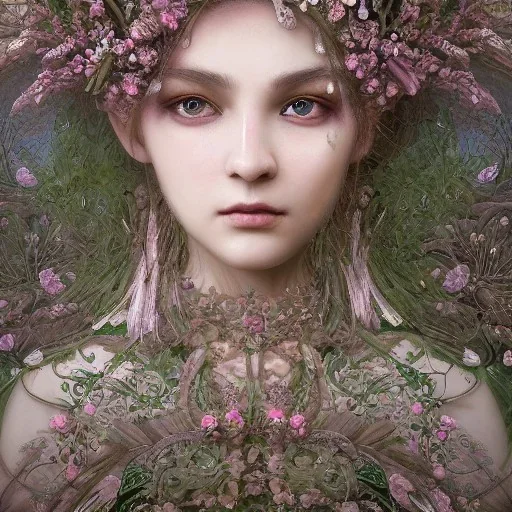 Insanely detailed photograph of an “portrait of gorgeous spring goddess ” with intricate hair, intricate embroidered dress, beautiful clear face and hyperdetailed painting by Ismail Inceoglu Huang Guangjian and Dan Witz CGSociety ZBrush Central fantasy art album cover art,8K, hdr, romantic, mysterious, ominous, beautiful flowers, jewelry, comfort, natural eyes, "arms open for embrace", naked,tasteful