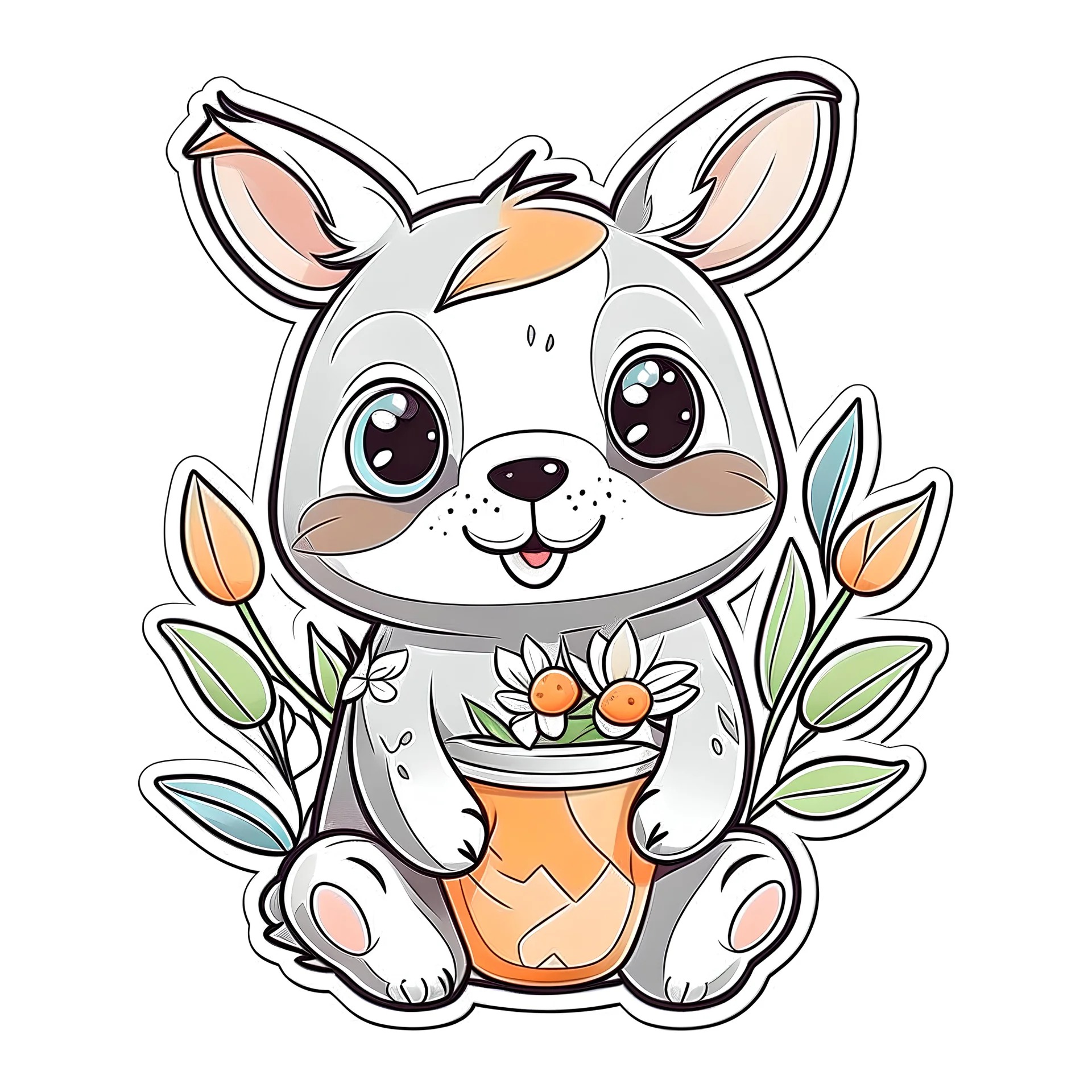 Generate a cute Rabbit, vase flowers, resolution, cartoon-sticker style with clear lines on a pure white background suitable for a children's coloring book.