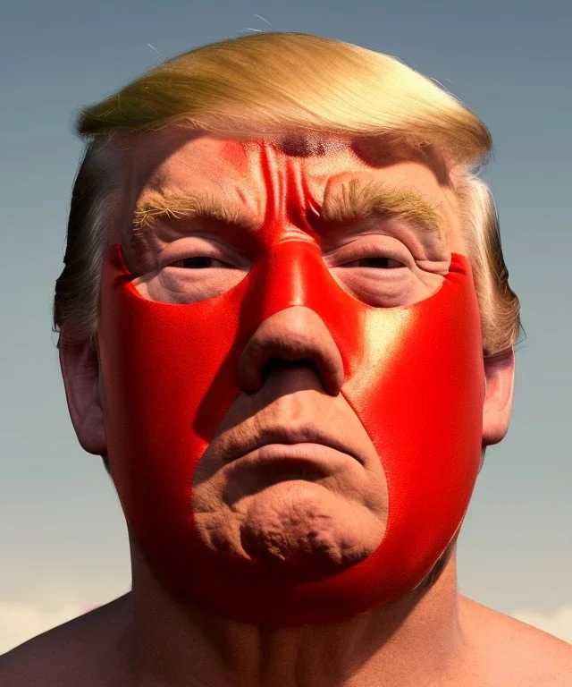 Realistic image of Donald trump wrestler, Mexican wrestling style, Mexican wrestling mask, chin and nose visibles, red and blue breeches, glow us flag dress, suspenders, retro style, 80s, vibrant color, highly detailed, sky background, concept art, unreal engine 5, god rays, ray tracing, RTX, lumen lighting, ultra detail, volumetric lighting, 3d, finely drawn, high definition, high resolution.