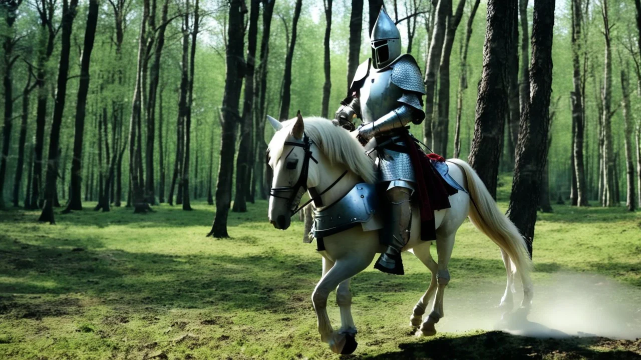 warrior knight in armor mounted on a horse in the forest