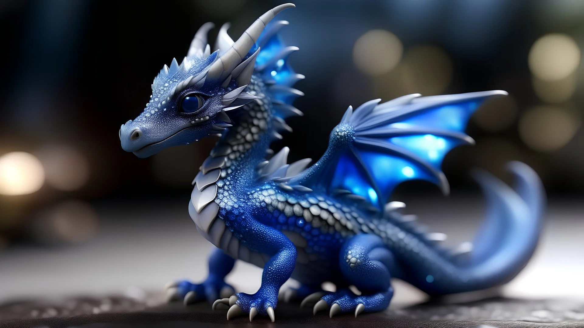 An elegant sapphire chibi dragon with iridescent dragonfly wings, showcasing intricate details and shimmering scales in breathtaking 32k resolution. The majestic creature is perfectly framed against a softly blurred bokeh background, accentuating its mystical and ethereal essence. Every minute aspect is impeccably sharp, providing a hyper-realistic and captivating depiction of this enchanting creature.