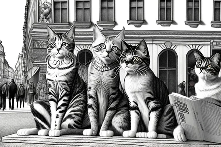 Mature cats are The Beatles, playing music, street, Vienna, friendly, sunny day, model style, hyper realistic, extremely accurate, delicate, extremely detailed, Graphic novel style, wide-angle, open aperture, superfine pencil