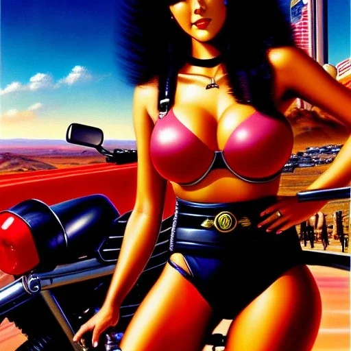 portrait of busty beautiful 'Female Rider on Shotaro Kaneda's Bike',painting by Earl Norem, simon Bisley, evan lee, 86-86, oil on canvas, cinematic composition, extreme detail,fit full head inside picture,8k