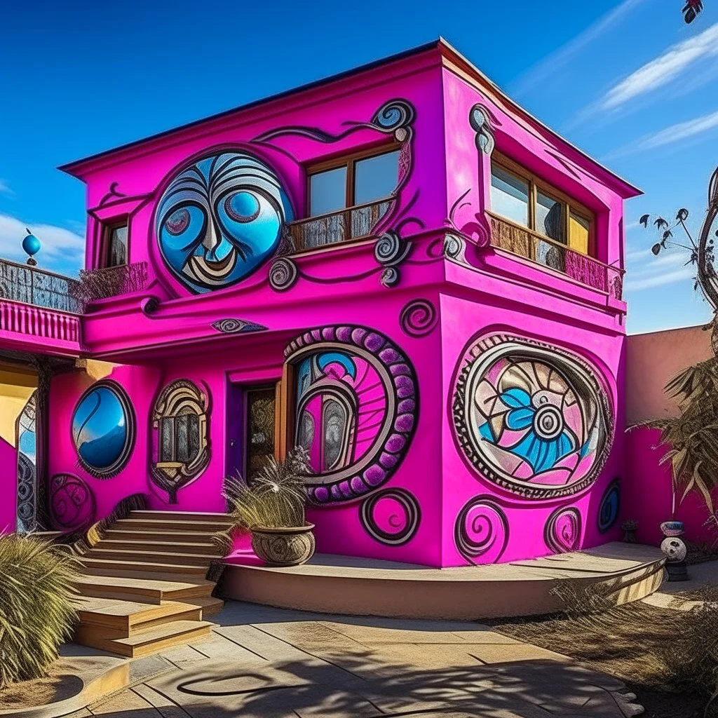 A purplish magenta house with a mystic crystal ball designed in Mehdi design painted by Pablo Picasso