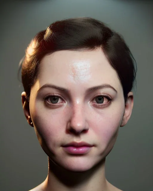 Realistic Waist up Portrait young woman, muppet skin, short hair style, photo studio, unreal engine 5, god lights, ray tracing, RTX, lumen lighting, ultra detail, volumetric lighting, 3d.