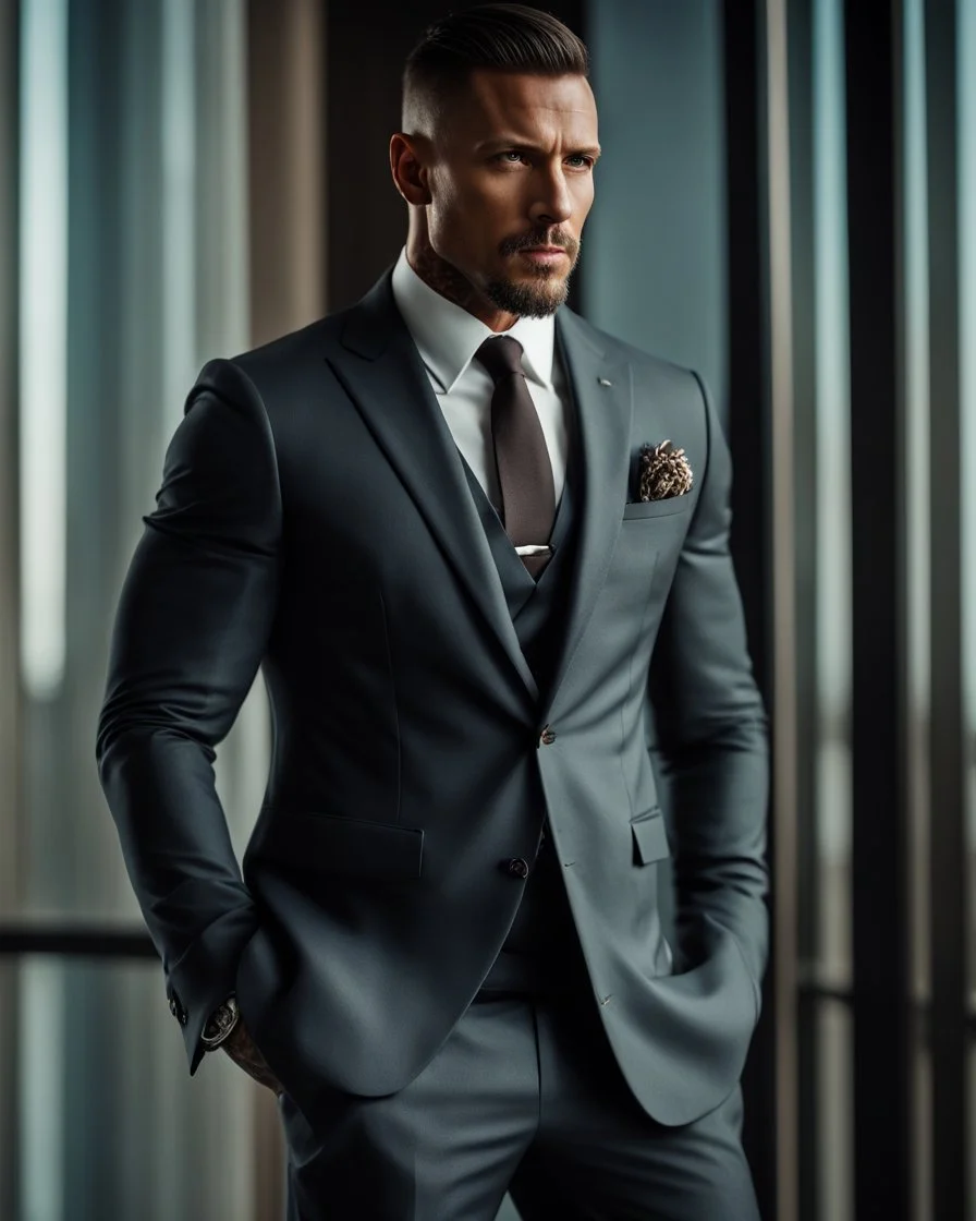 portrait of a 35 year old Handsome muscular male leader with lightly tanned skin and tattoos. Dark hair cut short and a goatee beard. wearing an armani suit. photorealistic