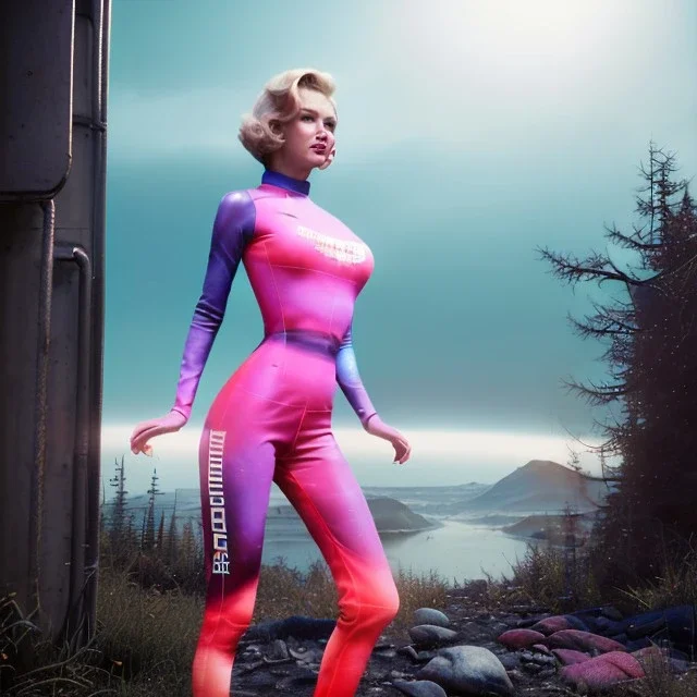 Realistic image, retro sci-fi, portrait, waist up view, blonde woman, sweet Marylin Monroe face, perfect iris, glow eyes. tight lycra tights suit, epic style, vibrant color, highly detailed, unreal engine 5, ray tracing, RTX, lumen lighting, ultra detail, volumetric lighting, 3d, finely drawn, high definition, high resolution.
