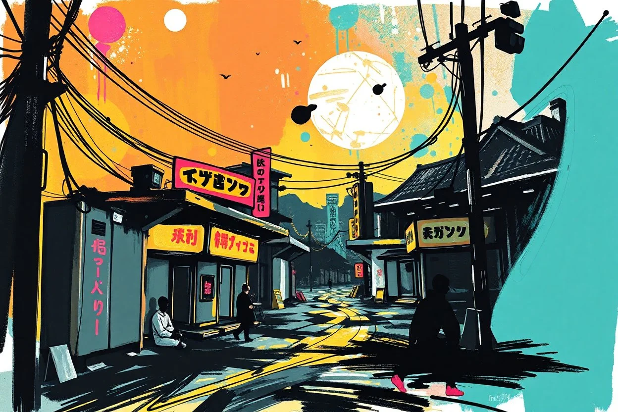 abstract air brush wih pen illustration with black fussy borders, future house future garage j-pop voices pentatonic bounce, in the style of gta4