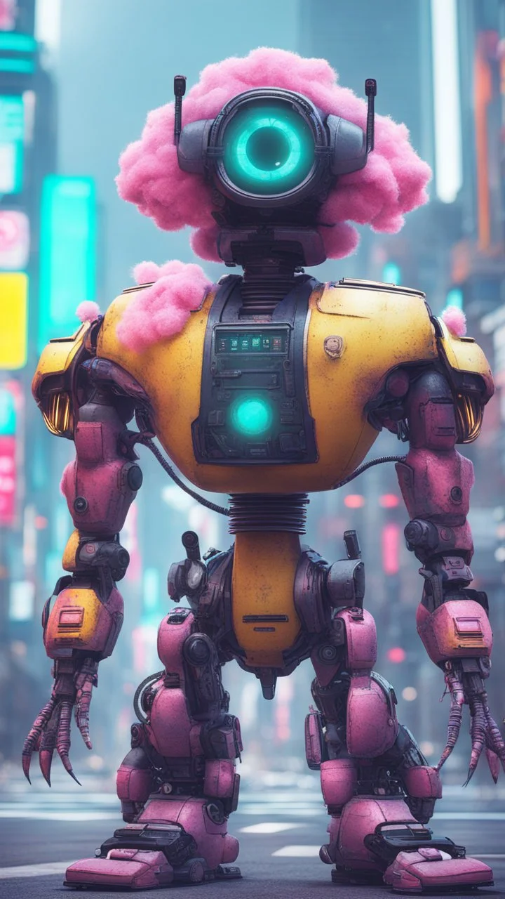 CHICKEN robot made of cotton candy, sci-fi, cyberpunk, full body, ultra realistic, virtual reality, cyberpunk city and colors