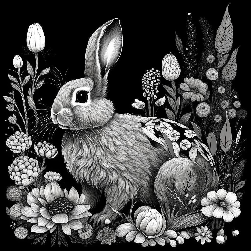 a beautiful rabbit between seeds and big flowers black background .black and white colors. for a coloring book . with grayscale