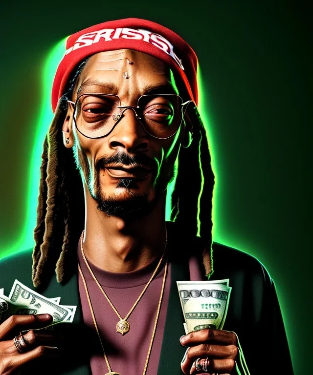 Snoop Dogg, burning cigar with dollars, leaf background, hyper realistic