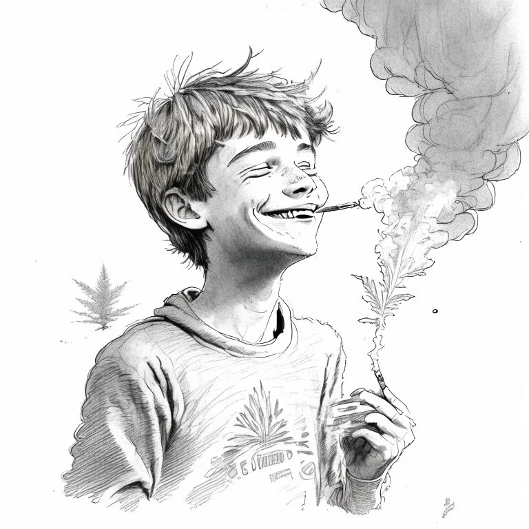 A boy enjoying the intoxicating feeling from smoking weed, pencil sketch