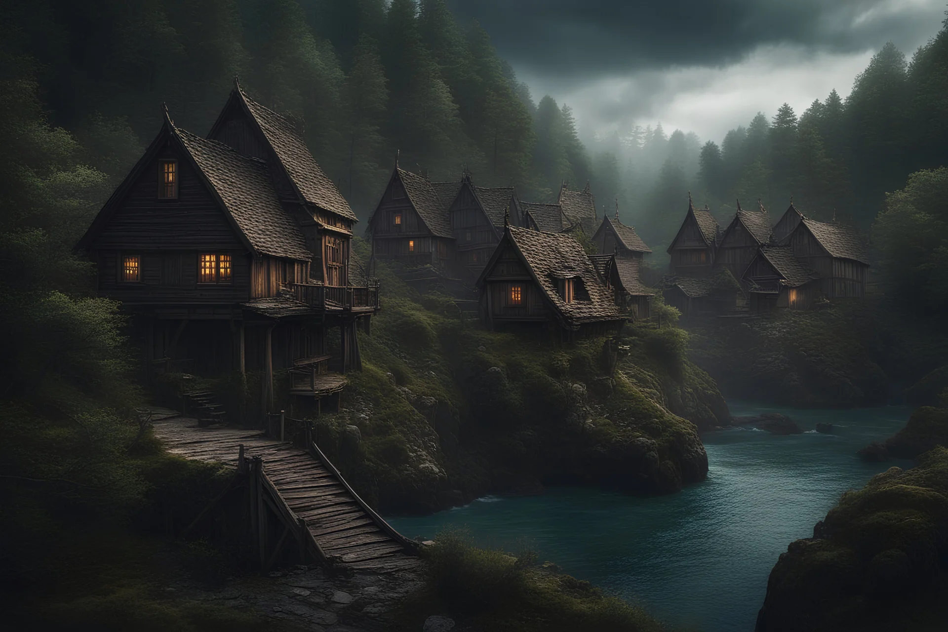 Civilização antiga no meio de uma floresta robusta, casas de madeiras, várias casas e mar ao lado, imagem antiga, cores frias e ar misterioso, cenário game of trones