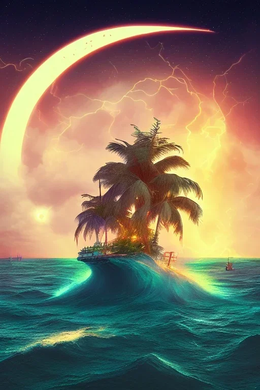 1980's vaporwave aesthetic palm trees with lightning with solar eclipse in the ocean waves sunset with pirate ship