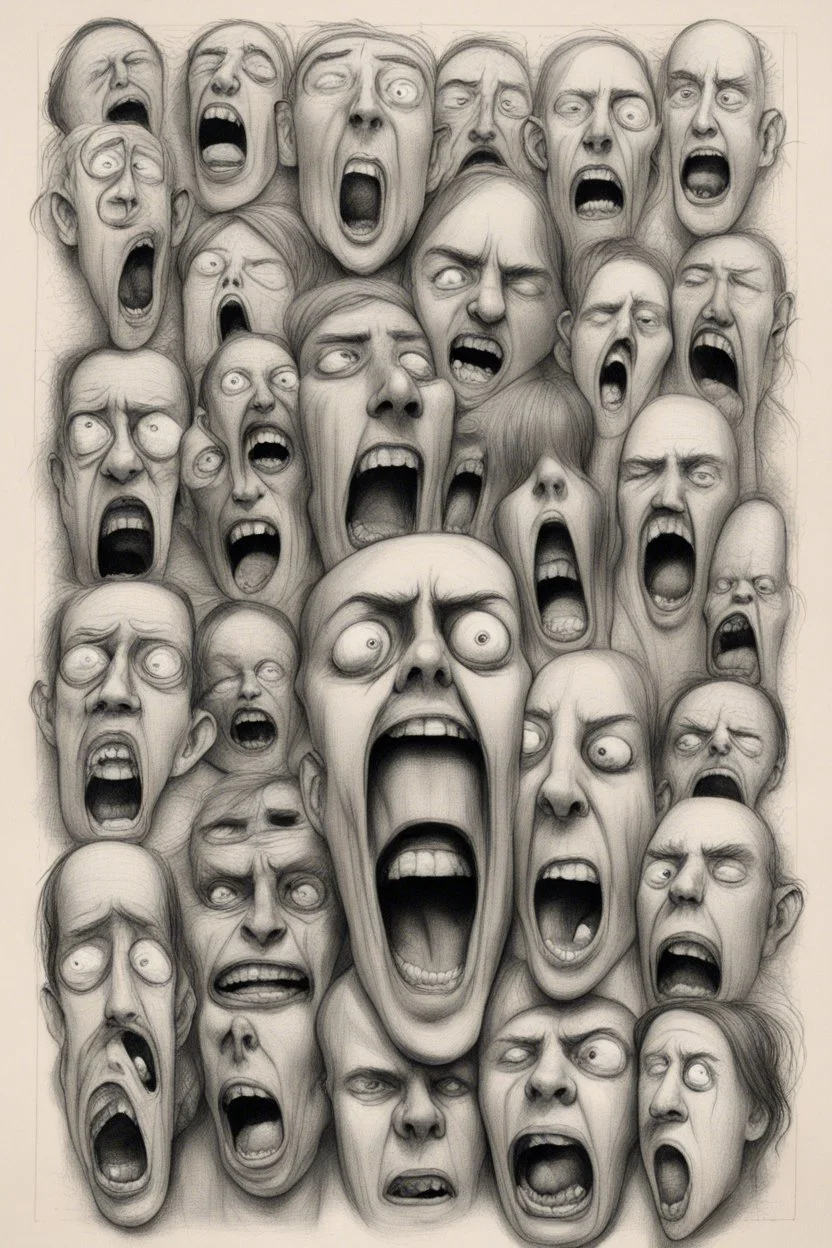 sketch of many faces on a pages, screaming and sad, demented, mad, journal