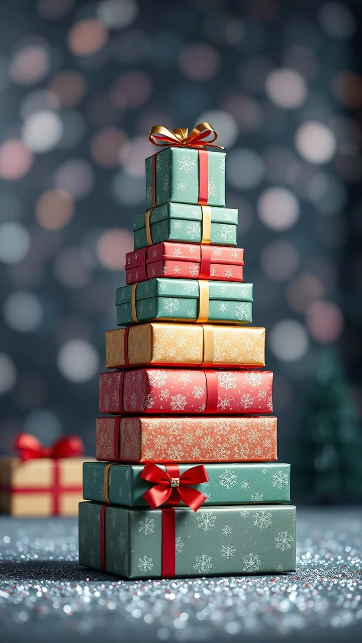 tower of Christmas gift boxes, festive atmosphere. random blur background with glitters, hig realistic, perfect shot, professional photo