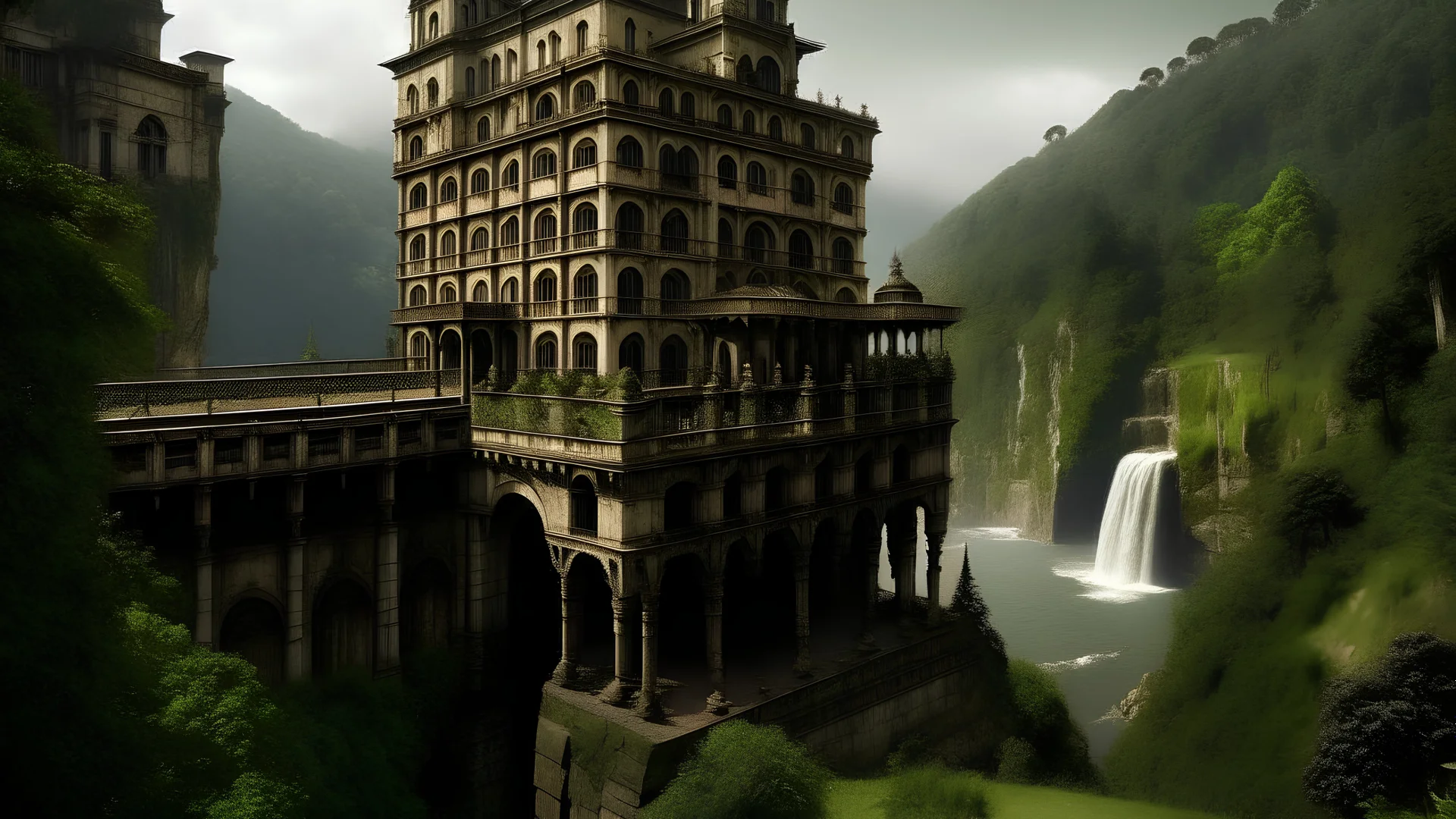 1.Generate an image of the Hotel Del Salto, standing tall on the edge of the Tequendama Falls, with its grand architecture and a sense of eerie stillness.