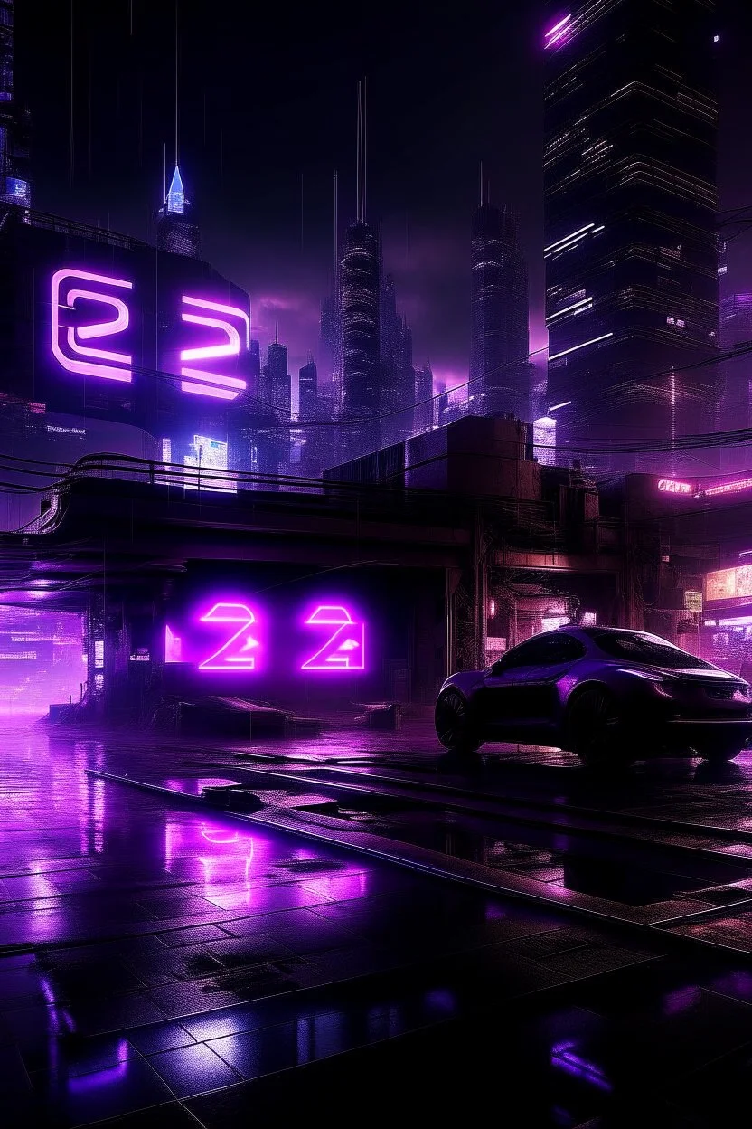 pos-apocalyptic cyberpunk city, a plubicity showing the number "2222", illuminated purple neon, dark, high contrast