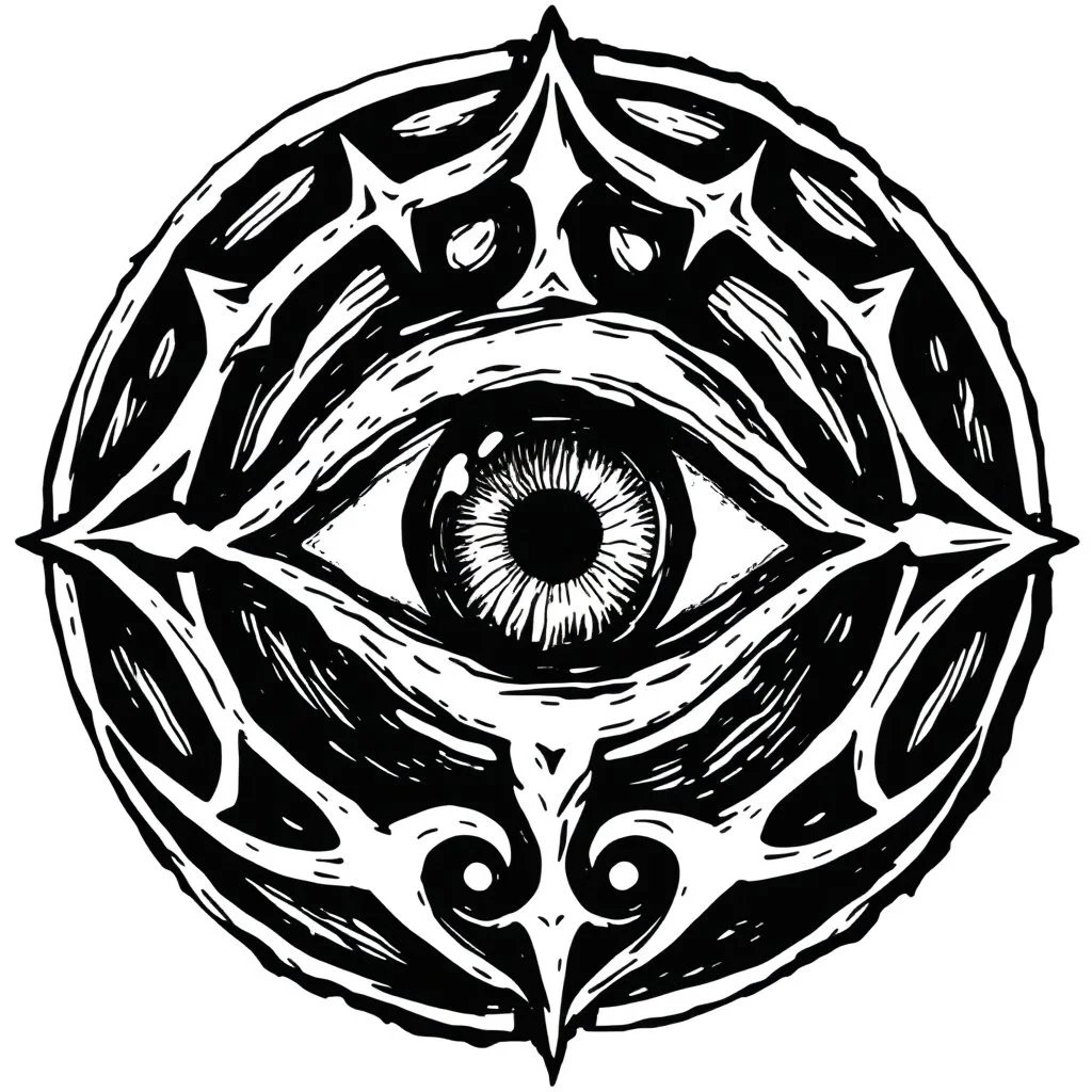 Occultic evil eye symbol, black and white, No background, Primitively drawn