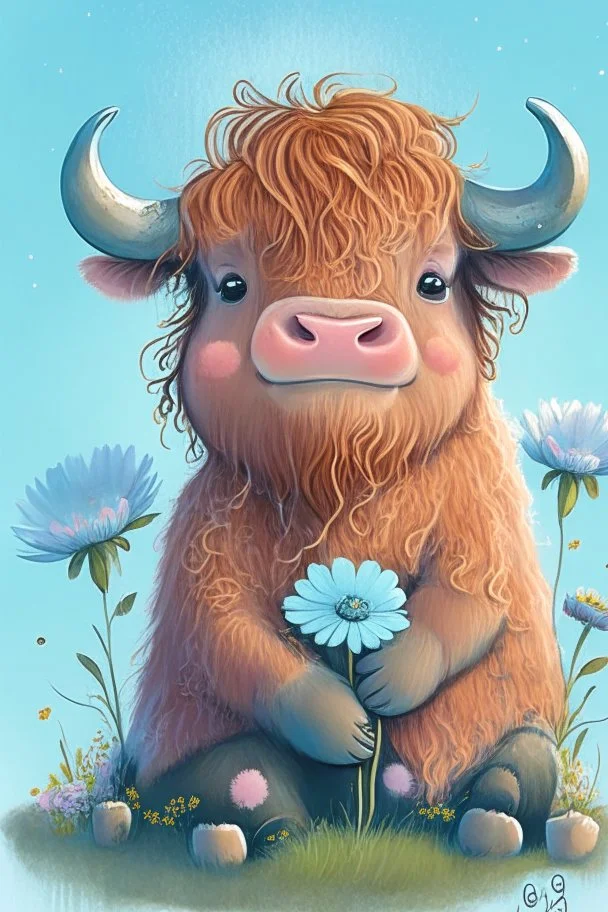 dorable cute happy baby scottish highland cow with dreamy eyes, sitting down and holding a flower, nursery art, very rendered polished Perfect, smooth edges, flawless Facial Features, Stunning, Whimsical Fantasy, Cute, Highly Detailed, Well Rendered, cartoon, illustration