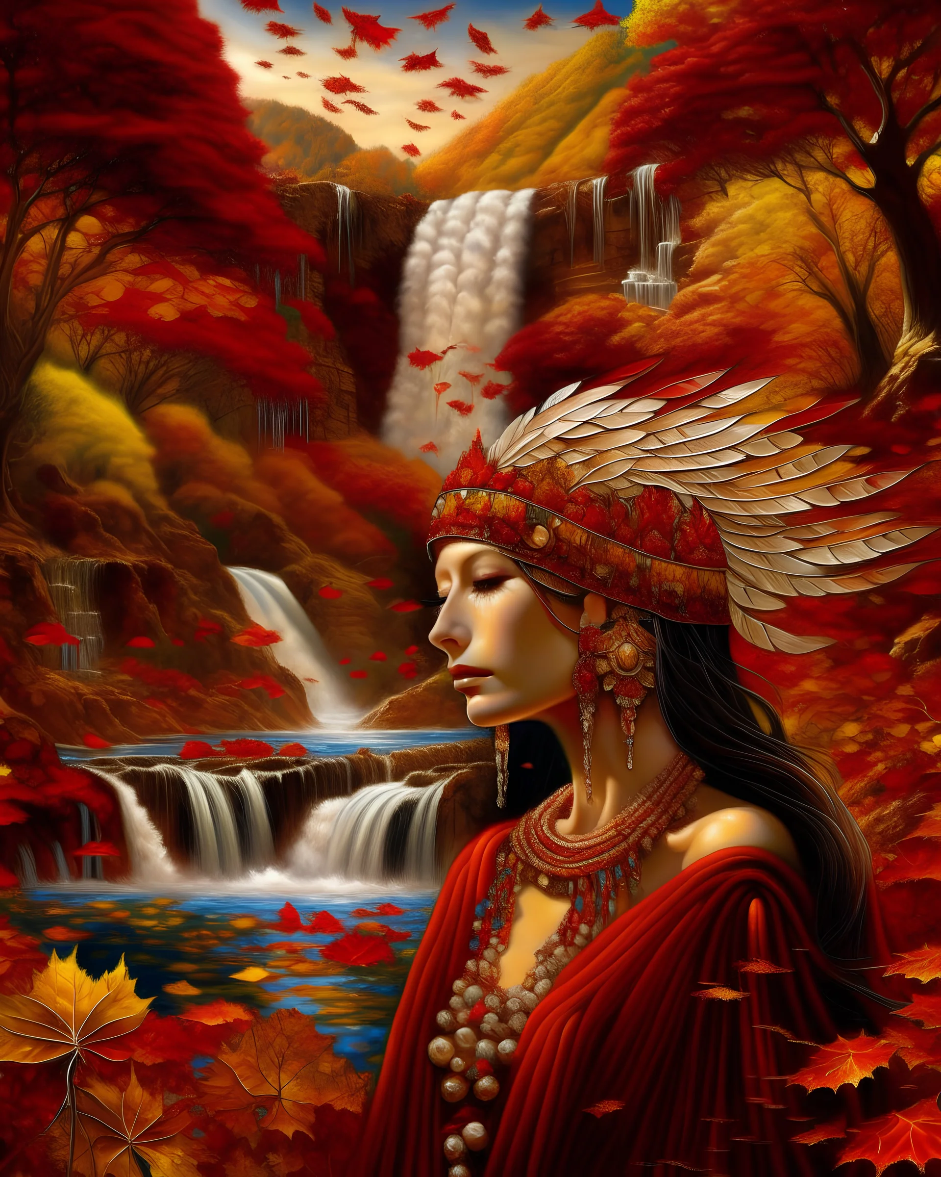 Create a chrystal paralele landscape beige white within the headdress mesmerizing red trees heart tree waterfall falls down from the tears on woman head the woman wearing a landscape art golden water fall headdress flows down her face headdress baroque garden the garden is full of flowers colourful on the golden river baroque sailor fregatt ships intricate detailed photoreal art bokeh lights background venetian masque on the woman portrait cannon 600 D shot photoreal