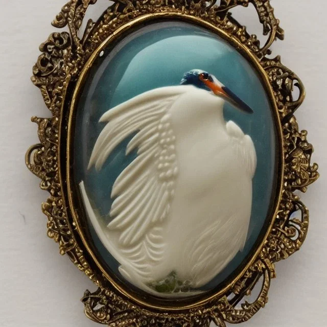 cameo brooch with a kingfisher, decorative design, classical ornament, bilateral symmetry, highly detailed etching, marble carving